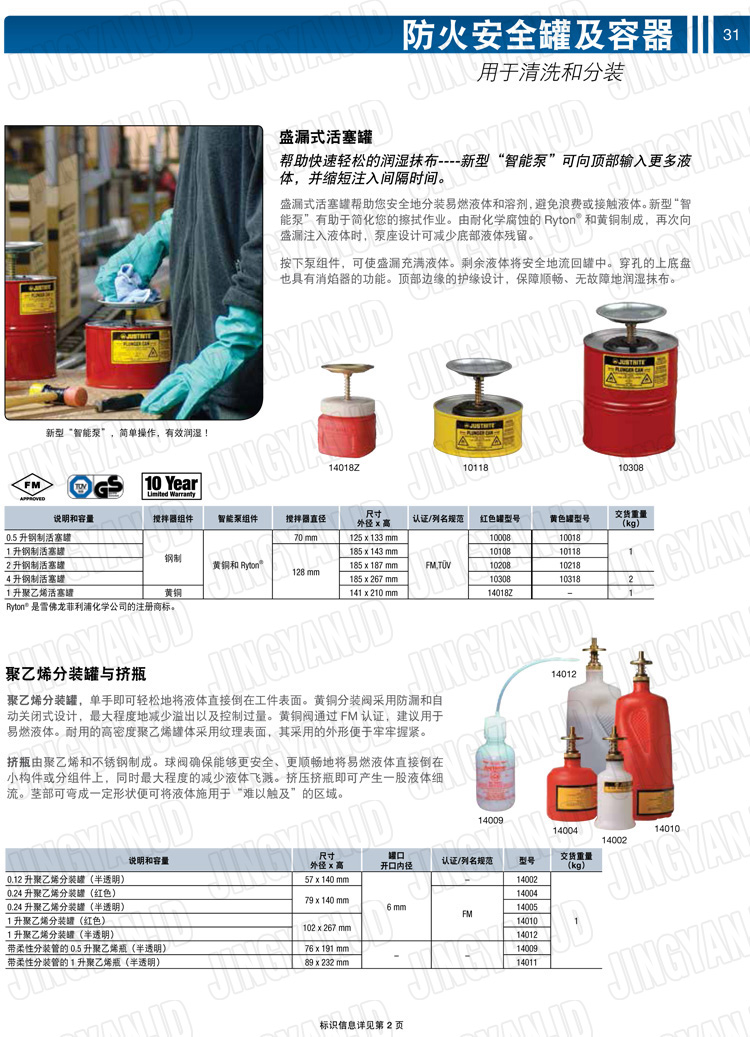 美國杰斯瑞特，JUSTRITE，活塞安全罐，盛漏式活塞罐，化學(xué)品分裝罐，